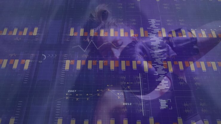 Female athlete punching in finance context, showcasing floating bar charts and line graphs