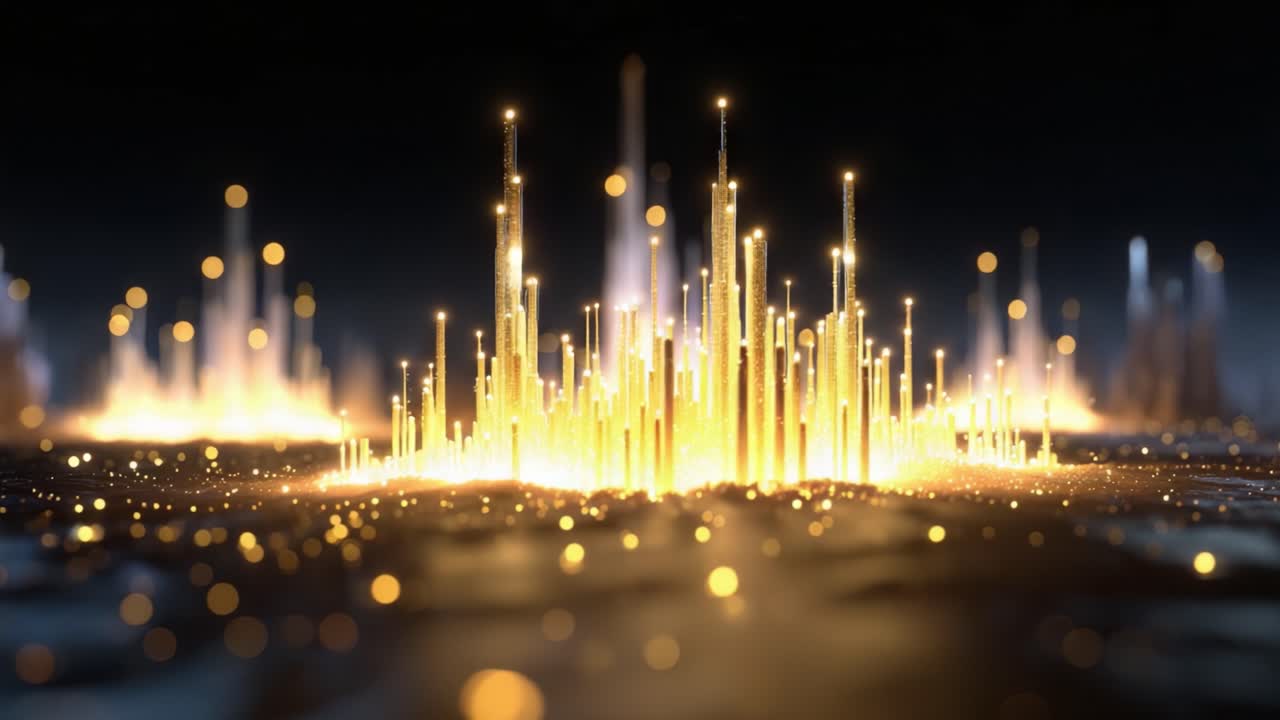 Un paesaggio digitale astratto che risplende di una luce dorata e radiosa con effetti scintillanti, raffigurante lo skyline futuristico di una città che emerge da uno sfondo scuro
