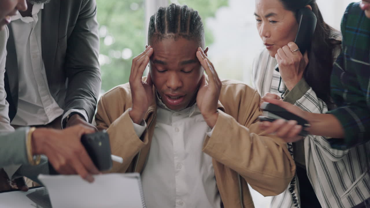 Headache, stress and black man with office chaos