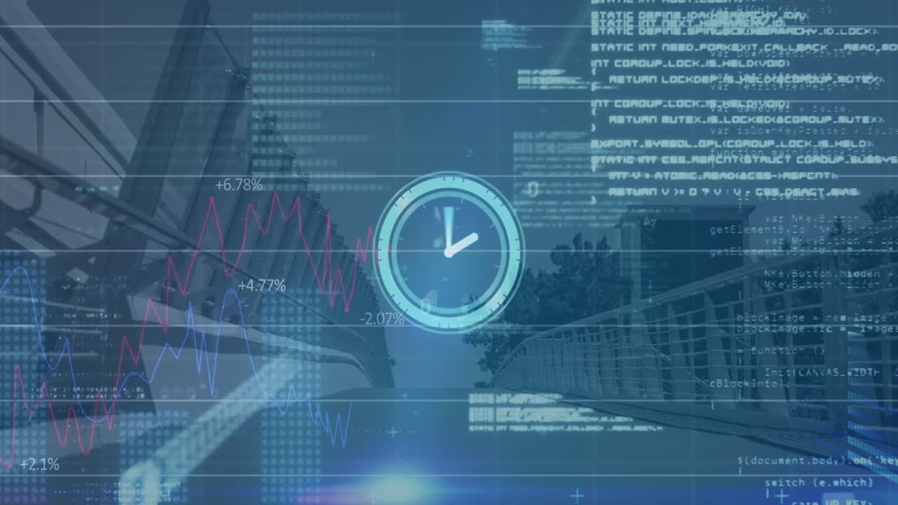 Clock neon digital clock ticking and data processing against city bridge