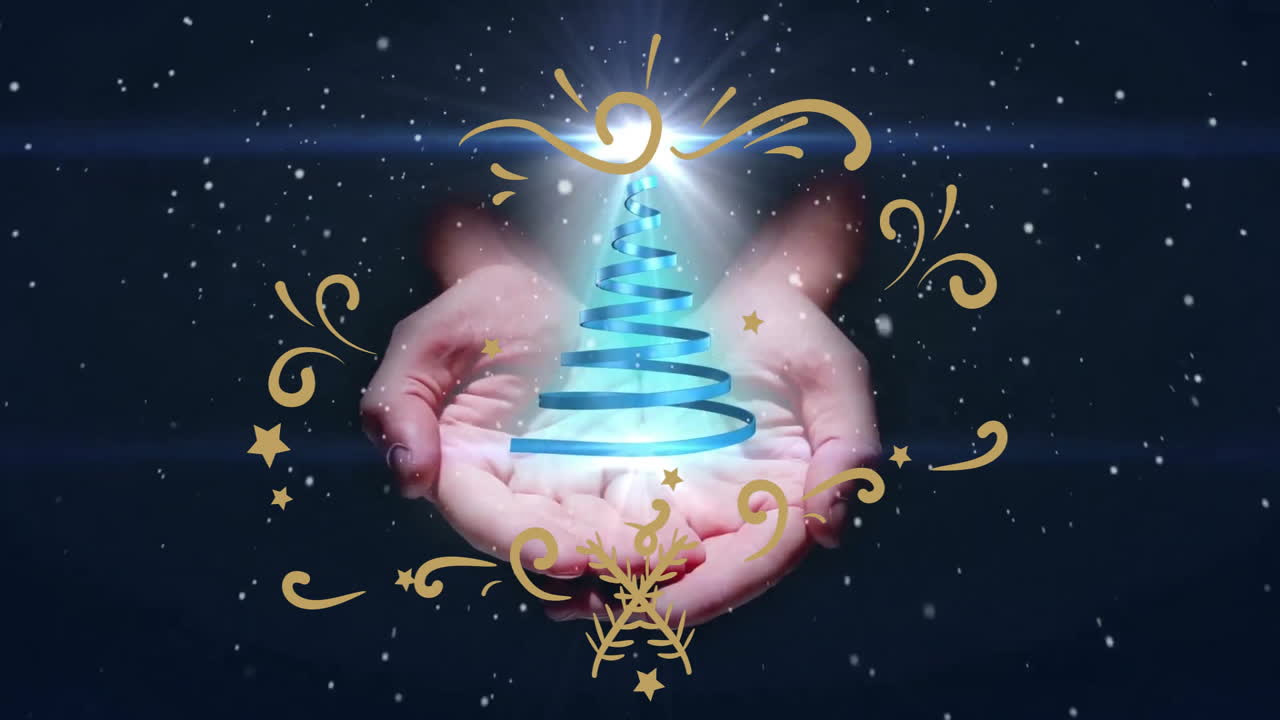 Hands creating glowing spiral tree with festive golden animation and stars