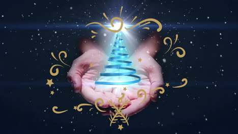 hands creating glowing spiral tree with festive golden animation and stars