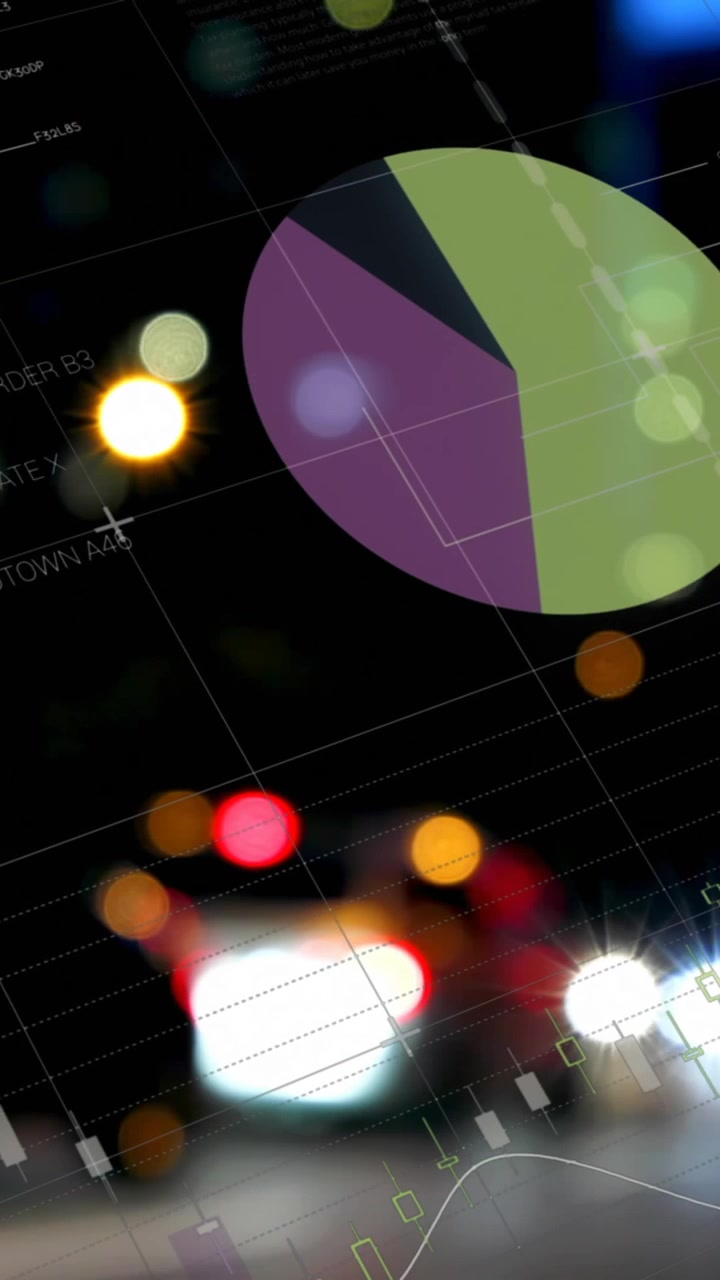 Animazione di elaborazione di statistiche su uno skyline cittadino.