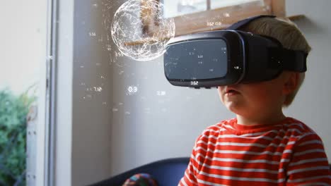 Animation-of-globe-with-numbers-over-caucasian-child-using-vr-headset