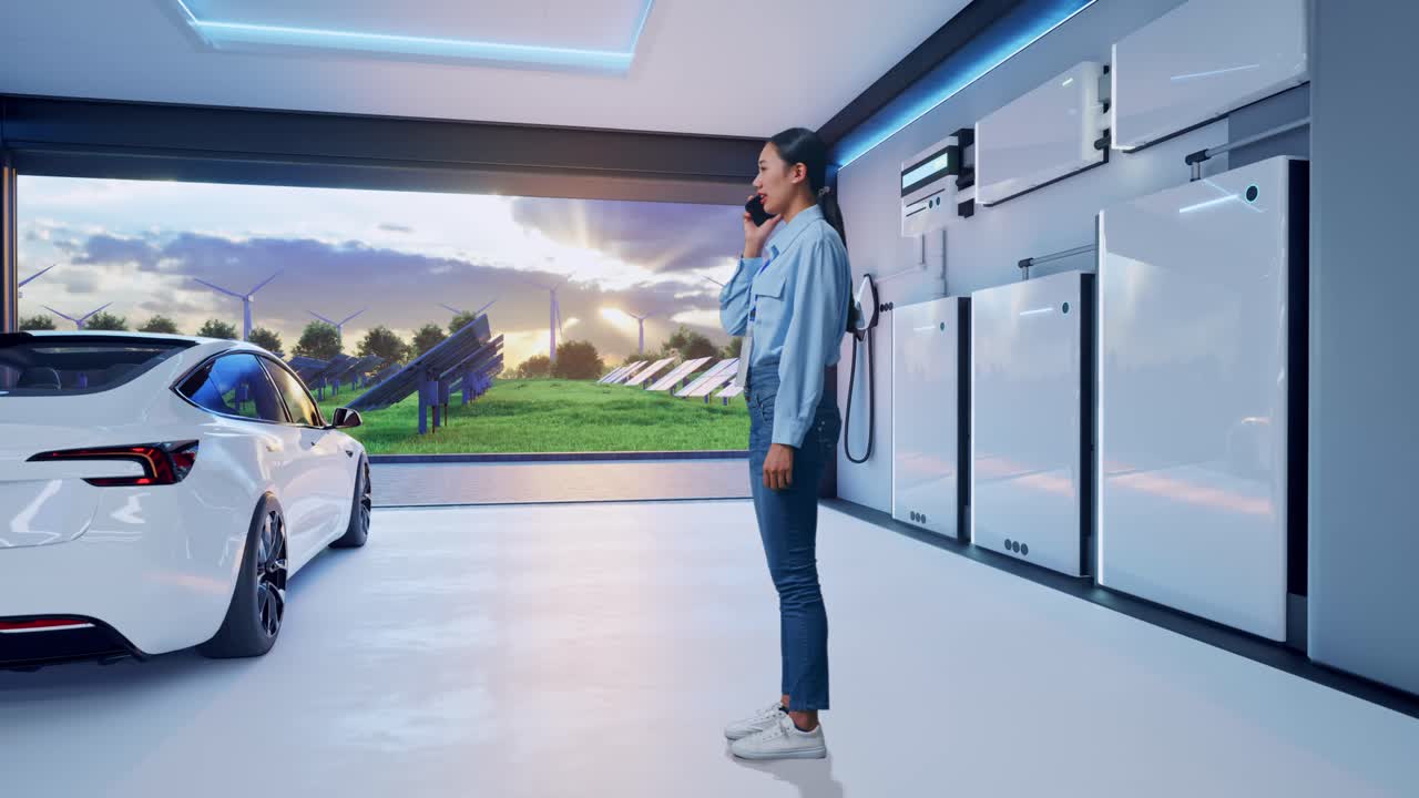 Full Body Side View Of Asian Female With Home Energy Storage System In a Modern Garage, She Is Speaking With Someone In The Phone