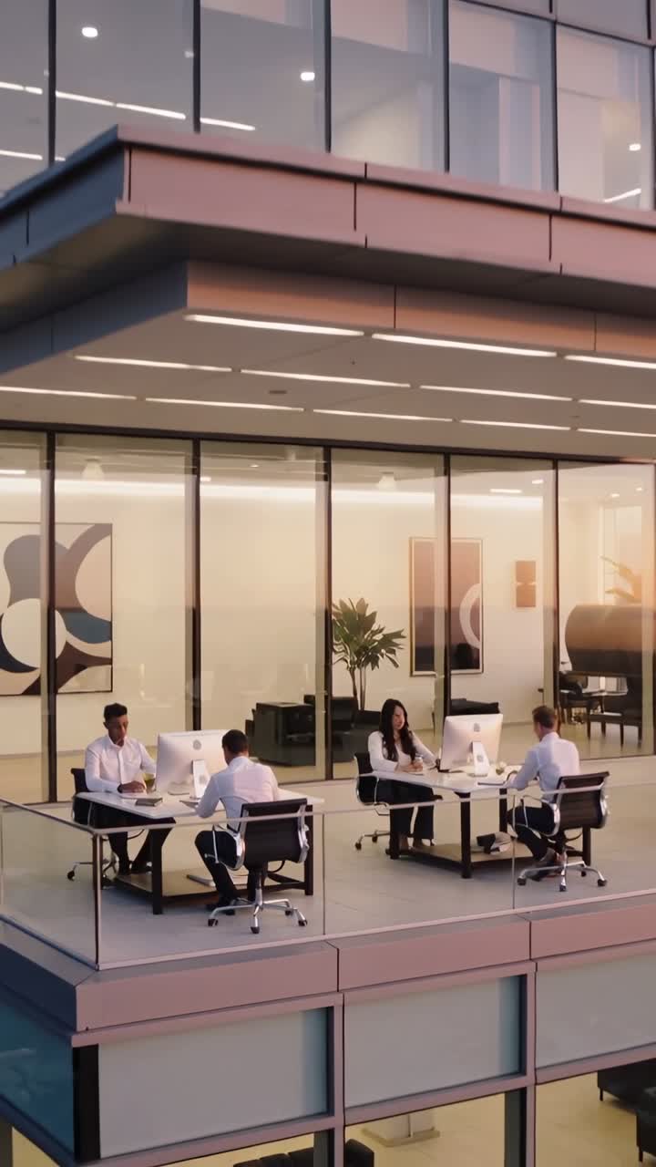 Vertical video: Pulling back camera revealing four staff at glass office using monitors, biz-casual