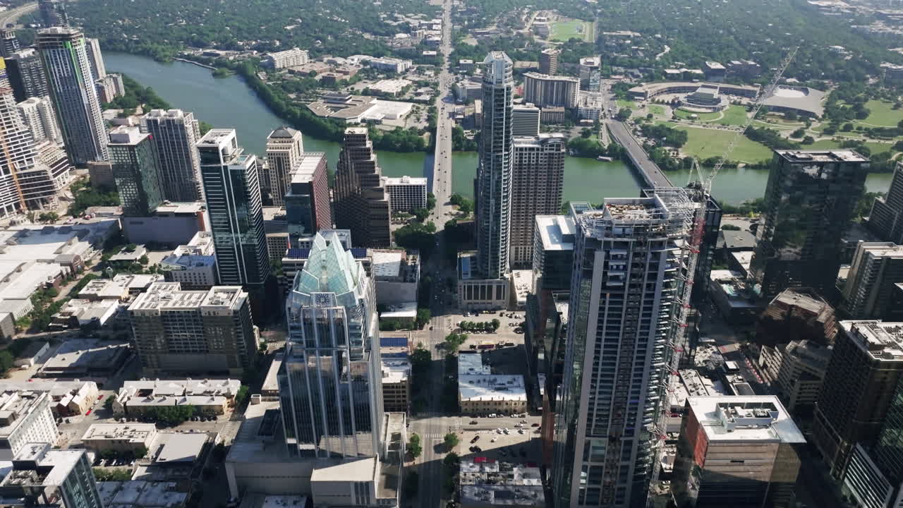 Aerial view of downtown Austin, Texas skyline with the Colorado River