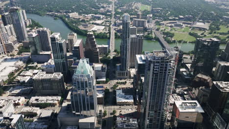 aerial view of downtown austin, texas skyline with the colorado river
