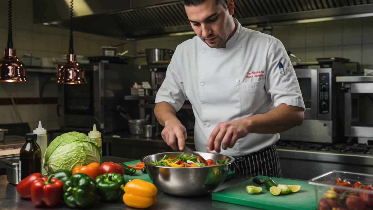 Chef Skillfully Prepares a Fresh Salad with Vibrant Vegetables in a Professional Kitchen, Showcasing Culinary Expertise and Attention to Detail