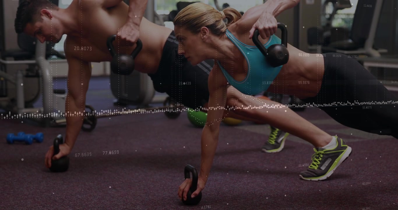 Animation of financial data processing over diverse people exercising in gym