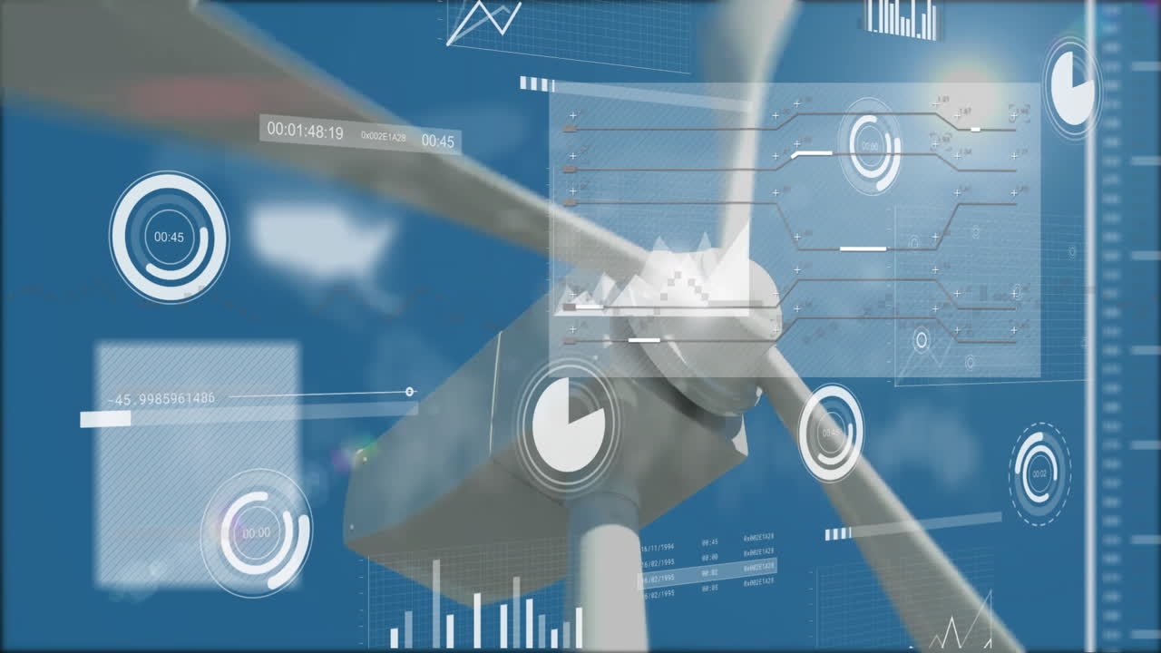 Wind turbine with data processing animation over blue sky background