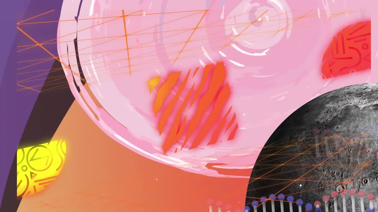 오렌지색 배경에 다채로운 모양의 애니메이션.