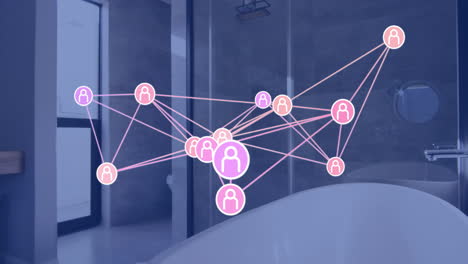 network of connected user icons animation over modern bathroom background