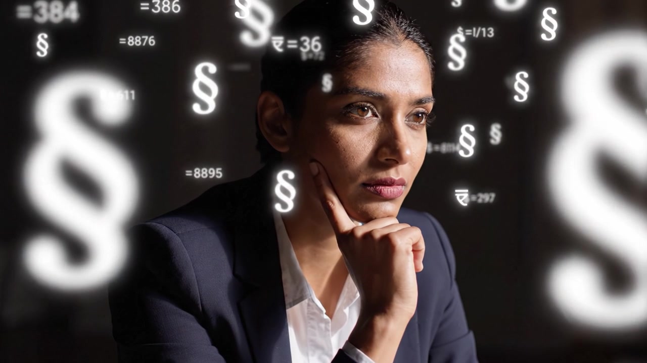 Una donna assorta nei pensieri, che contempla idee complesse simboleggiate da equazioni fluttuanti e simboli legali, mostrando intelligenza e determinazione in un'atmosfera seria.