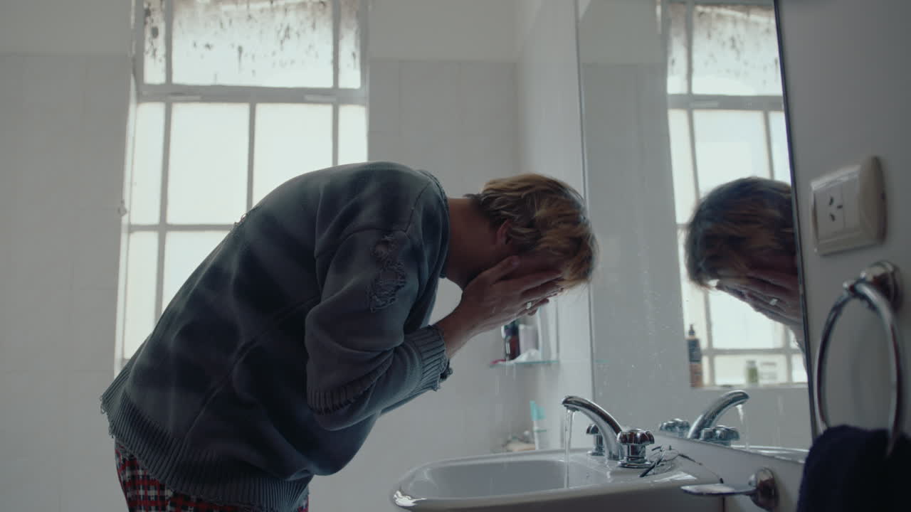 Young Man Washing Face in the Bathroom