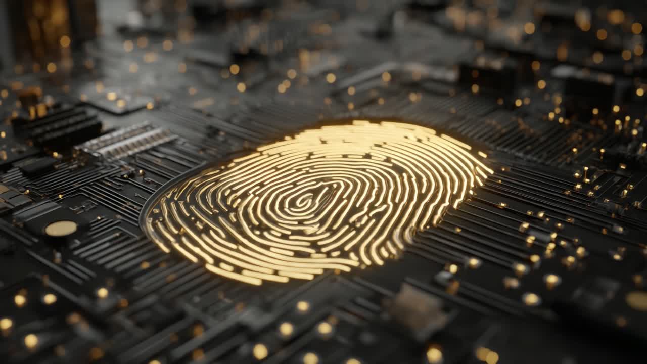 Primo piano di un'impronta digitale dorata su un circuito stampato, che unisce tecnologia e sicurezza in un intricato panorama digitale