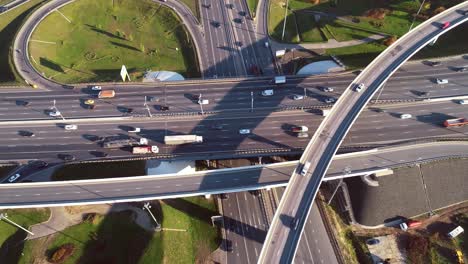 aerial view of a freeway intersection traffic trails in moscow.