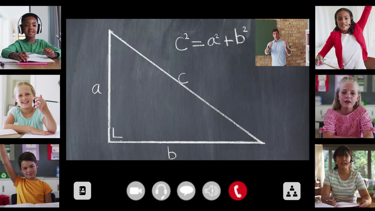 Animation of interface screen with chalkboard, teacher and six diverse children in online lesson