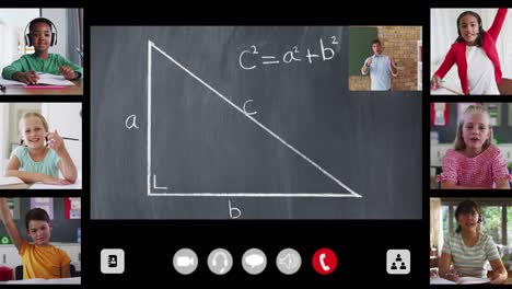 animation of interface screen with chalkboard, teacher and six diverse children in online lesson