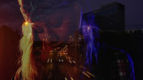 woman wearing red bandana, plaid shirt overlaying highway for marketing with animated light trails