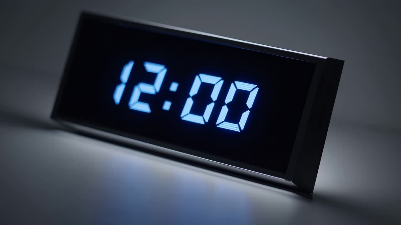 A digital clock displaying 12:07, shot from a low angle