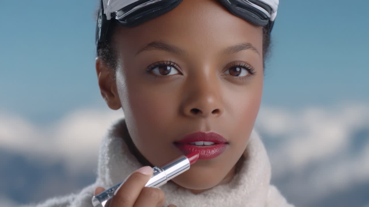 A Confident Beauty Enhances Her Look with Bold Lipstick and Stylish Ski Goggles Against a Stunning Background of Snowy Peaks and Clear Skies