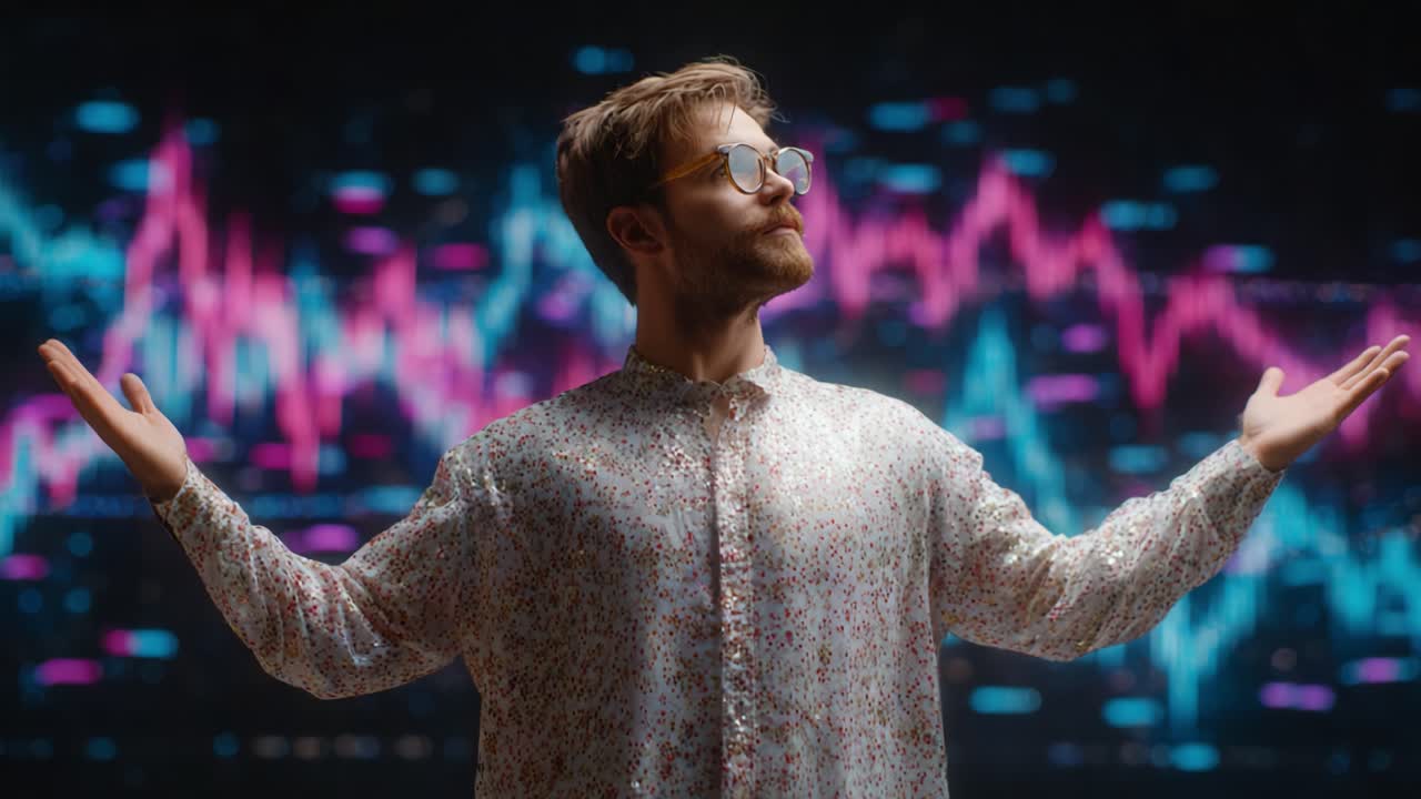 A confident individual stands with outstretched arms against a vibrant digital backdrop, expressing excitement and engagement with the fluctuating data visuals behind him, embodying modernity and technology
