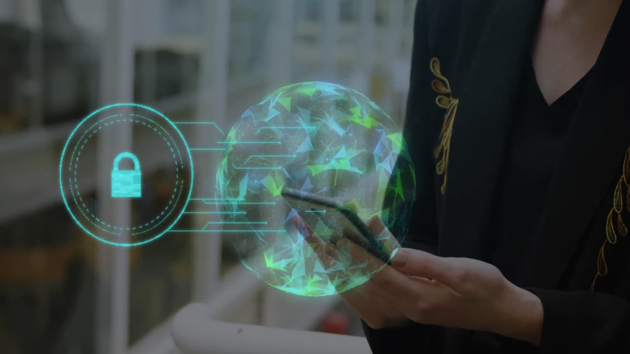 глобус сетей плексуса и значок замка безопасности против среднего раздела женщины, использующей смартфон