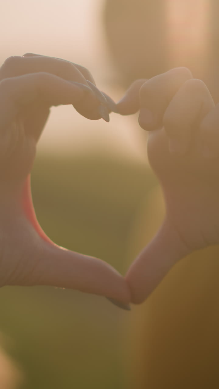 una hermosa toma borrosa captura el tierno momento de un niño y una mujer formando una forma de corazón con sus manos contra el telón de fondo de una serena puesta de sol