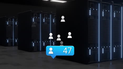 data processing animation over server room with user icons and notification