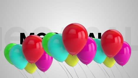 animación de globos coloridos flotando sobre el texto de la mega venta del estandarte contra un fondo gris