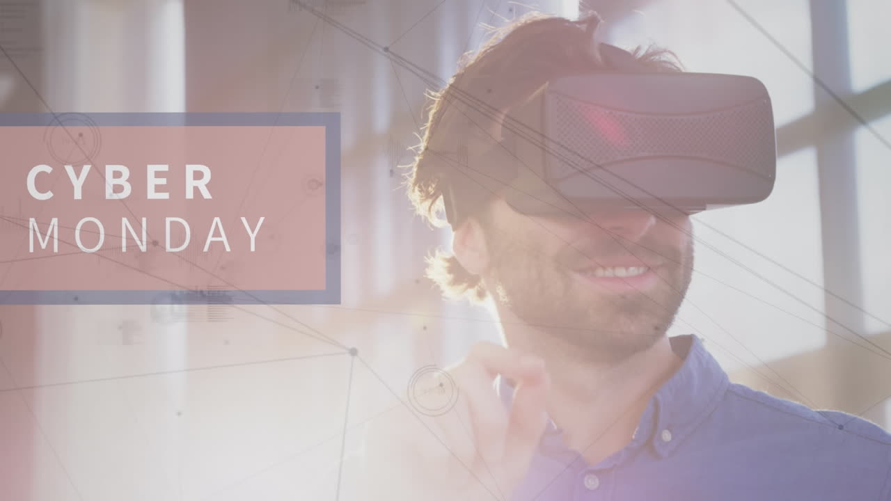 Animazione di un'interfaccia digitale su un uomo d'affari che usa un visore VR