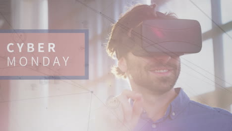 animación de la interfaz digital sobre el hombre de negocios usando auriculares vr