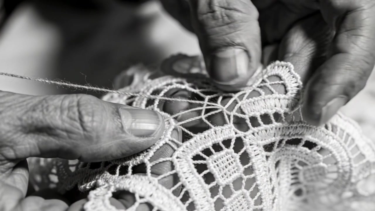 Holding lace steady, senior hands guiding, looping fine thread at home, mending motif center