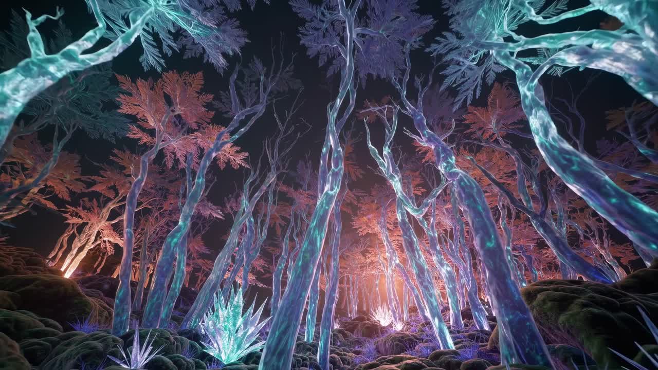 Ethereal forest scene with glowing trees and vibrant foliage, showcasing a mystical atmosphere and enchanting light effects, creating a captivating visual experience