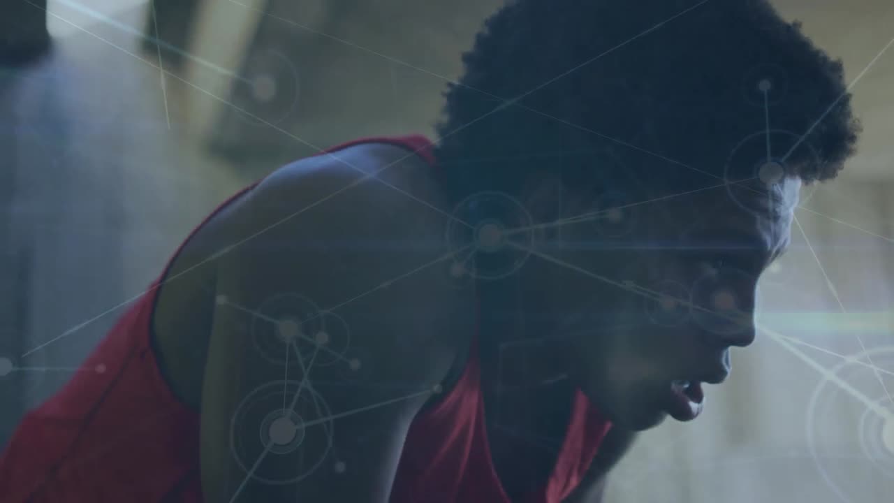 animación del procesamiento de la red de comunicación sobre el descanso entrenamiento de atleta masculino afroamericano
