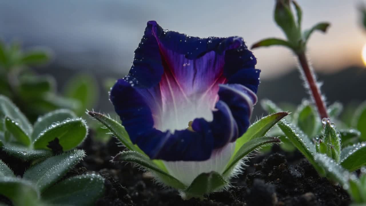 En dyp blåfiolett, traktformet blomst utfolder seg og reagerer på soloppgangens lys i et blomsterbed, med dugg