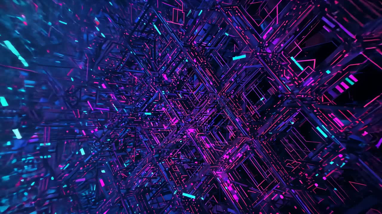 Dopo una pausa, la telecamera si muove in un tunnel al neon, mostrando moduli a cubo rotanti con raggi pulsanti
