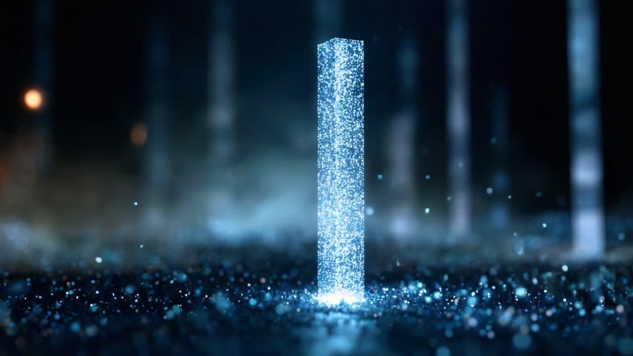 Un monolite incandescente circondato da particelle scintillanti in un ambiente misterioso e scarsamente illuminato, che emana un'aura tranquilla di modernità e tecnologia