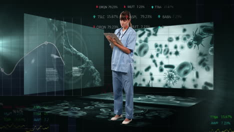 animation of data processing over caucasian female doctor with clipboard