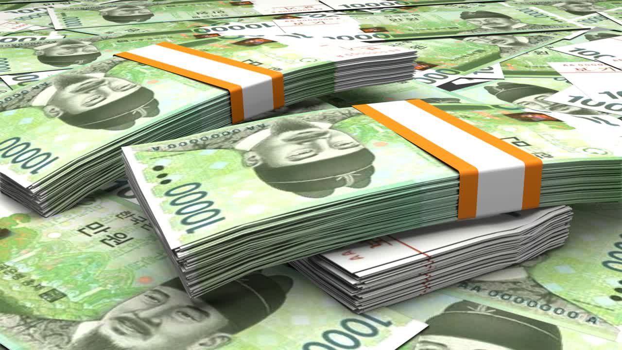 1만 원 남한 원 화폐 구성, 금융 배경, 많은 지폐와 화폐 어리.