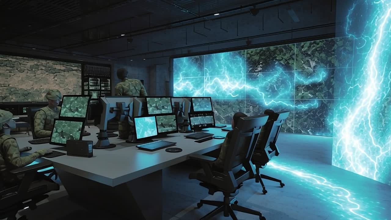 Højteknologisk kommandocenter med dynamiske visuelle displays og personale