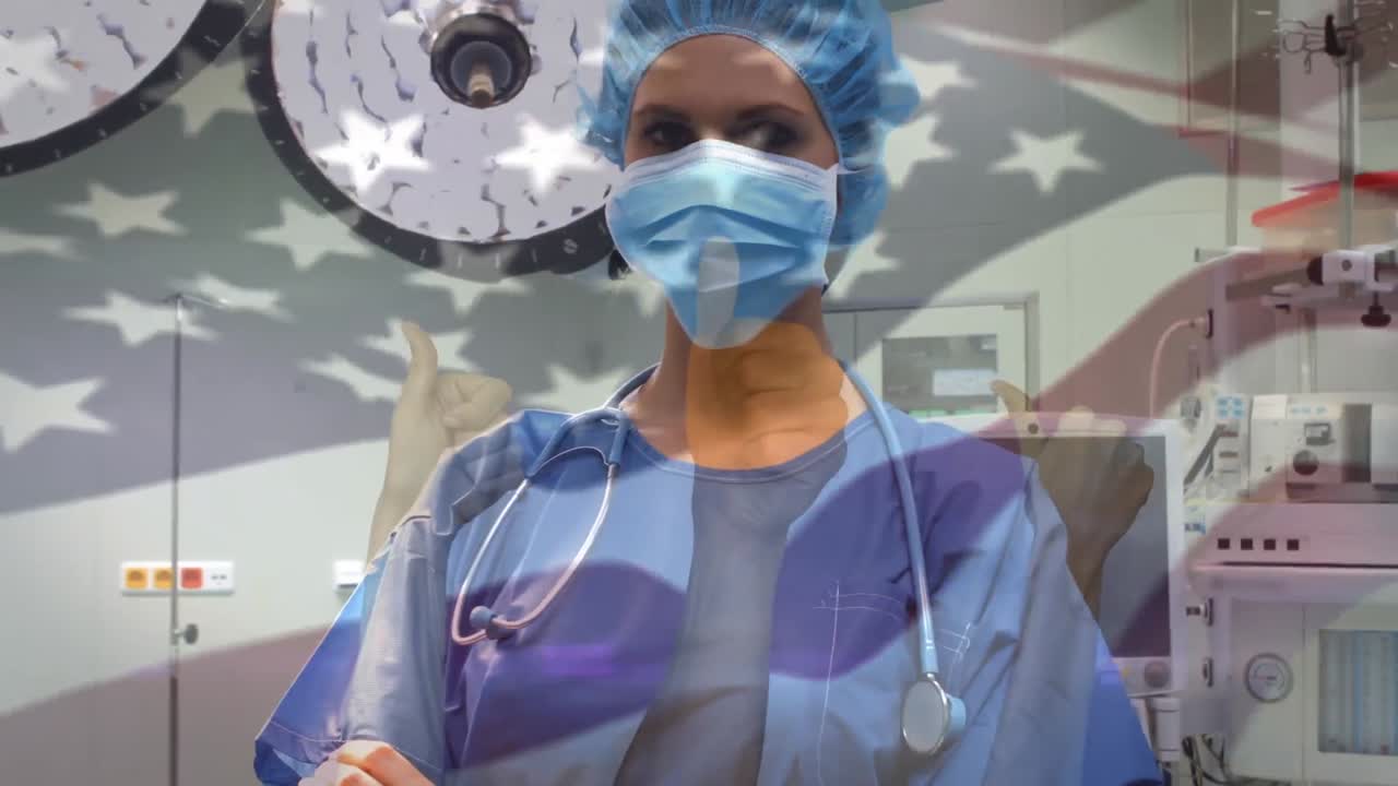 animación de la bandera de los estados unidos ondeando sobre los cirujanos con máscaras faciales