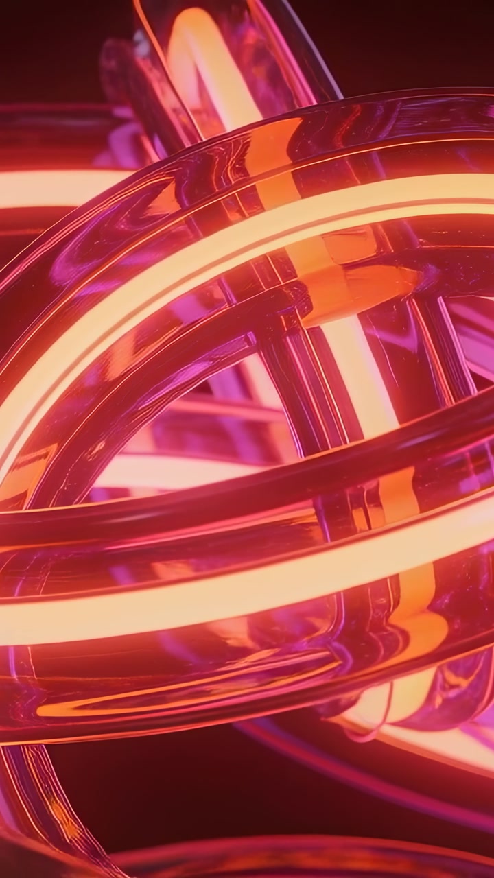 Vertical video: Rotating camera revealing centered neon tubes in dark studio with pulsing cores