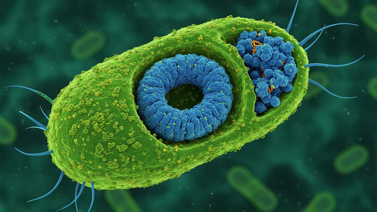 Detailed Visualization of a Bacterial Cell, Highlighting Its Organelles and Structures for Enhanced Understanding of Microbial Life
