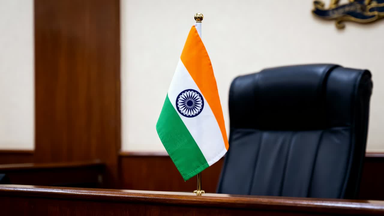 カメラがズームし、木製のベンチに置かれた小さなインドの卓上旗を中心に捉え、アショーカチャクラと金色のポールが現れる。