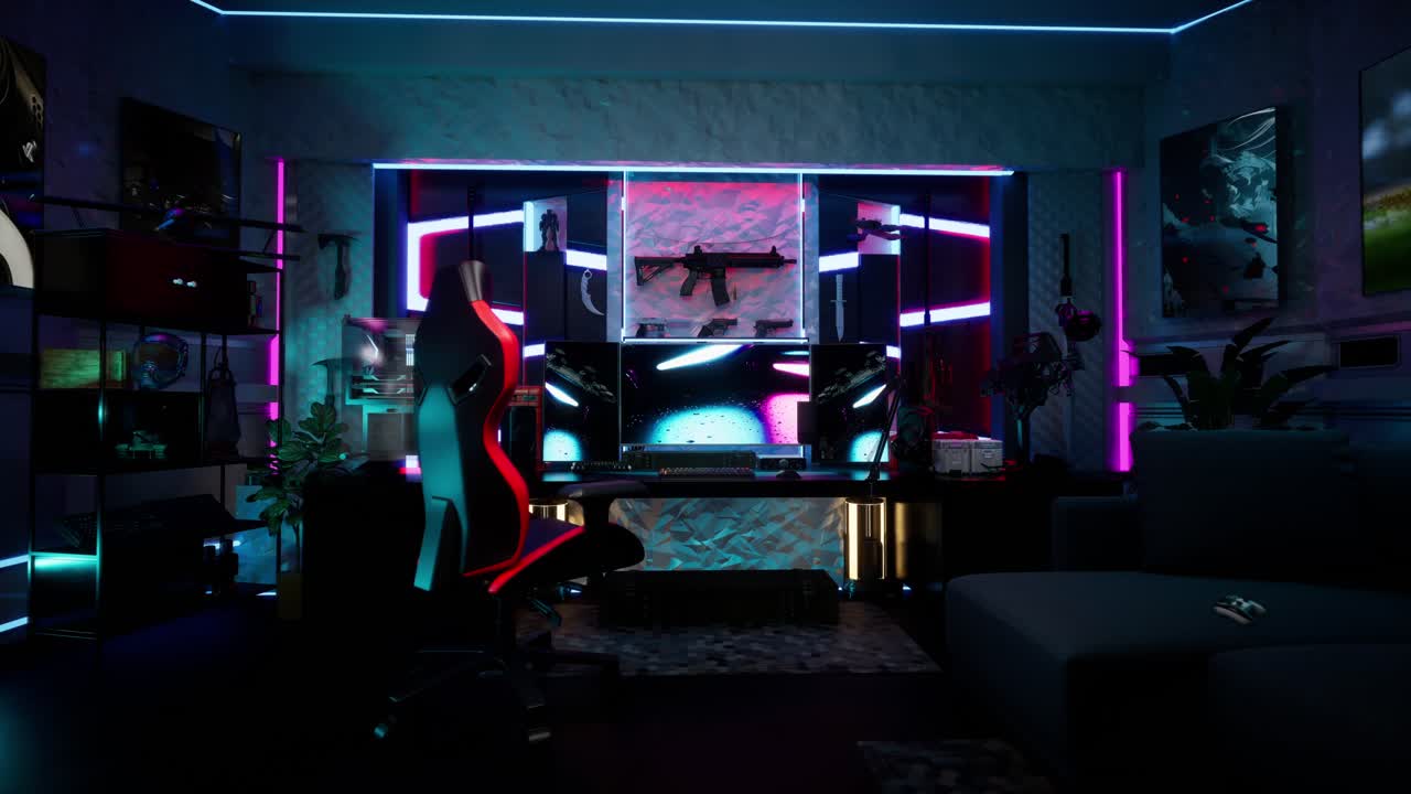 Futuristic Gaming Room Or E-Sports Setup With Neon Lighting