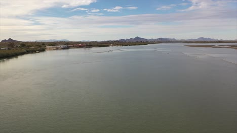 Aerial-shot-of-oyster-farm-on-the-sea