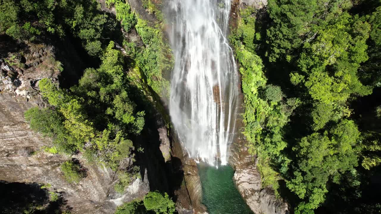 Bellissima cascata nel profondo della foresta pluviale nativa, Parco Nazionale di Westland, Nuova Zelanda – svelata da ripresa aerea