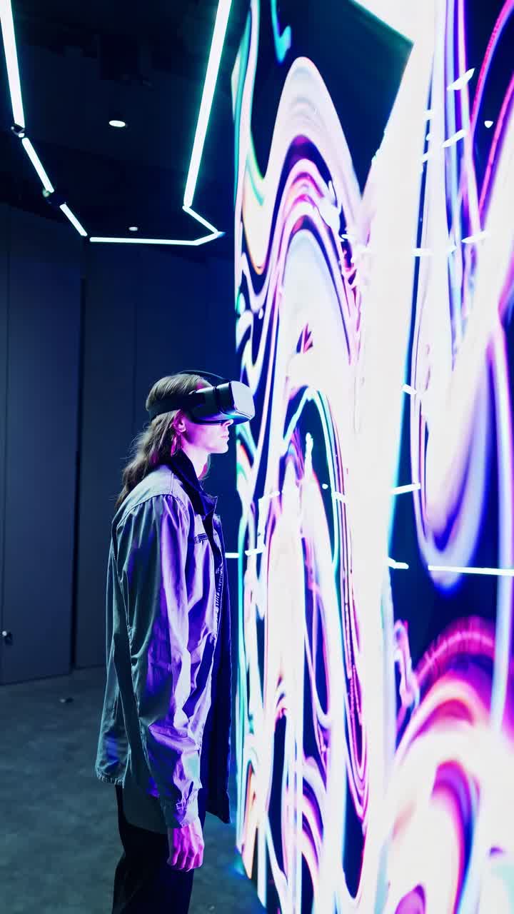 A person wearing VR goggles interacts with vibrant digital art on a wall